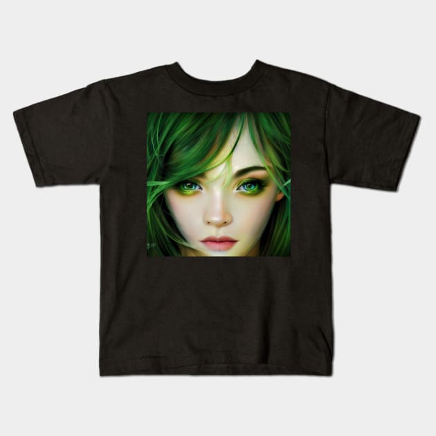 Elf Woman with Green eyes Kids T-Shirt by JyFDesignz